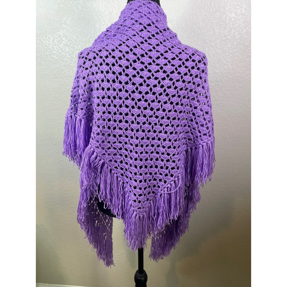 Handmade Womens OS Shawl Purple Crochet Triangle Fringe Wrap Scarf Boho Hippie